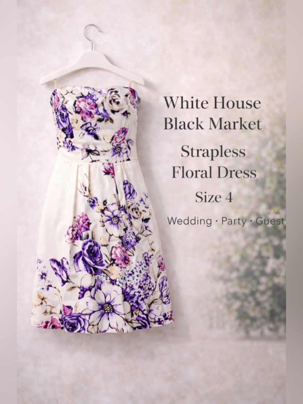 White House Black Market Strapless Floral Dress Sz 4 Purple White Wedding Guest